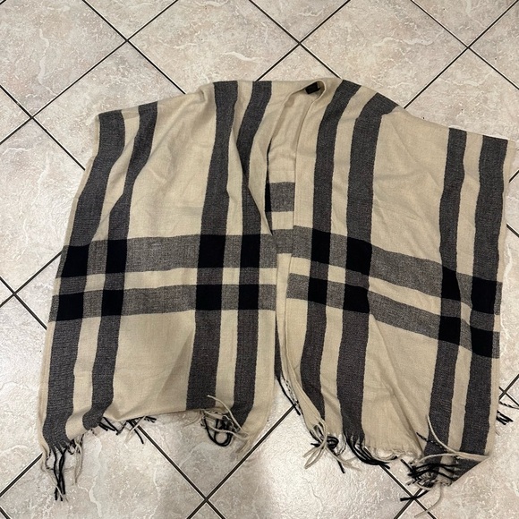Plaid Fringe Scarf Poncho in Beige and Black OS - Picture 1 of 3